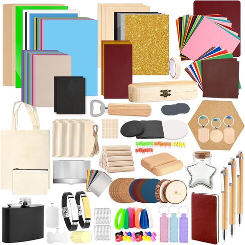 Csyidio 220 PCS Engraving Material Box, DIY Materials Apply to All Laser Engravers with Instructions, Laser Engraving Supplies Including Acrylic Sheet, Metal Materials, Wood Materials in Kuwait