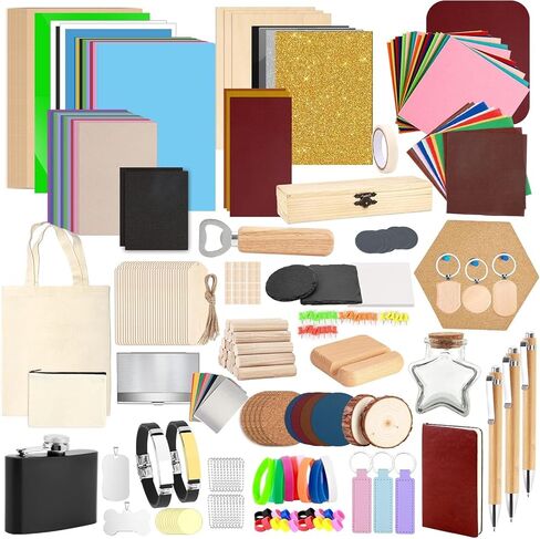 Csyidio 220 PCS Engraving Material Box, DIY Materials Apply to All Laser Engravers with Instructions, Laser Engraving Supplies Including Acrylic Sheet, Metal Materials, Wood Materials in Kuwait