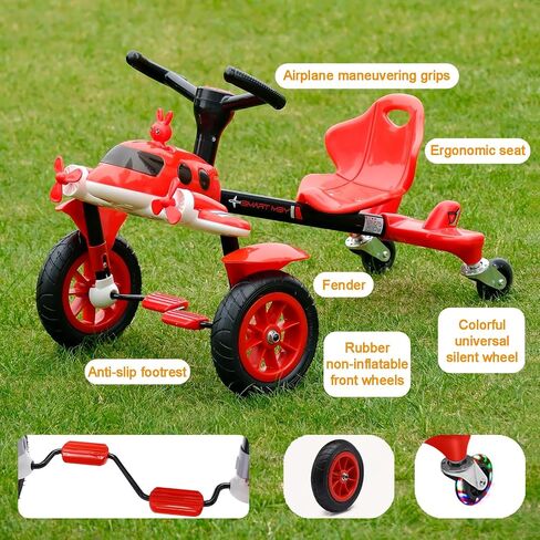 Ride on Drift Car for Kids 3+, Children Pedal Airplane Car with Music & Flashing Wheels, 2-Position Adjustable Seat Front to Back, Drifting Go Kart for Boys and Girls,Red in Saudi Arabia
