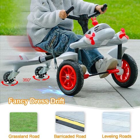 Ride on Drift Car for Kids 3+, Children Pedal Airplane Car with Music & Flashing Wheels, 2-Position Adjustable Seat Front to Back, Drifting Go Kart for Boys and Girls,Red in Saudi Arabia