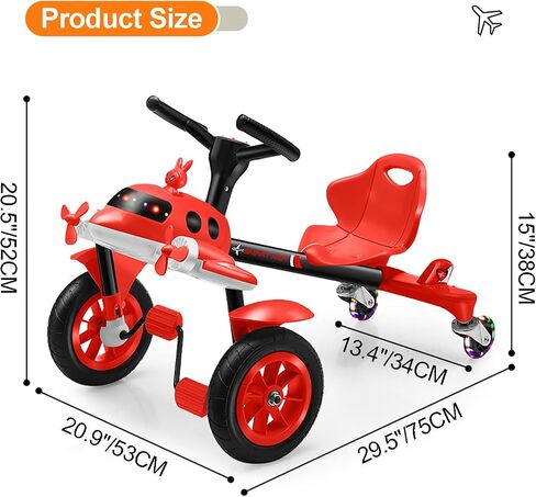 Ride on Drift Car for Kids 3+, Children Pedal Airplane Car with Music & Flashing Wheels, 2-Position Adjustable Seat Front to Back, Drifting Go Kart for Boys and Girls,Red in Saudi Arabia