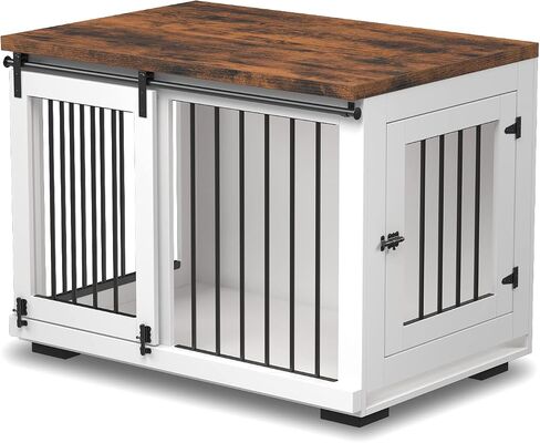 Dog Crate Furniture for Large Dogs Up to 60 lbs. - Barn Door Puppy Kennel w/Thickened Farmhouse Top & Metal Bars - 37'' Wide - White Decorative Modern Dog Crate Table, End Table, Nightstand in Kuwait
