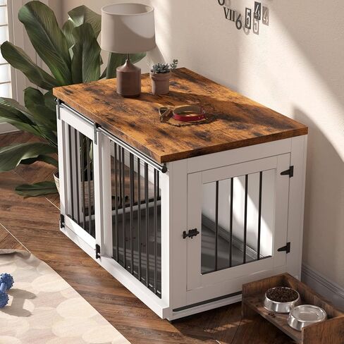 Dog Crate Furniture for Large Dogs Up to 60 lbs. - Barn Door Puppy Kennel w/Thickened Farmhouse Top & Metal Bars - 37'' Wide - White Decorative Modern Dog Crate Table, End Table, Nightstand in Kuwait