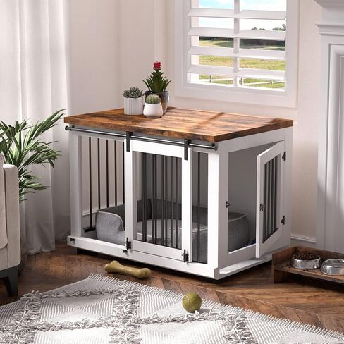 Dog Crate Furniture for Large Dogs Up to 60 lbs. - Barn Door Puppy Kennel w/Thickened Farmhouse Top & Metal Bars - 37'' Wide - White Decorative Modern Dog Crate Table, End Table, Nightstand in Kuwait