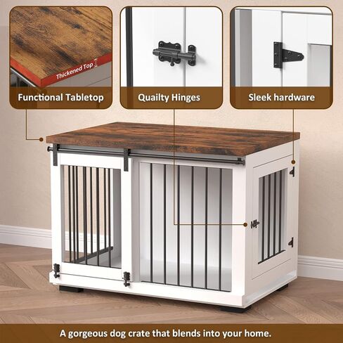 Dog Crate Furniture for Large Dogs Up to 60 lbs. - Barn Door Puppy Kennel w/Thickened Farmhouse Top & Metal Bars - 37'' Wide - White Decorative Modern Dog Crate Table, End Table, Nightstand in Kuwait