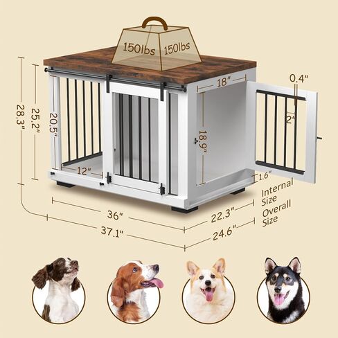 Dog Crate Furniture for Large Dogs Up to 60 lbs. - Barn Door Puppy Kennel w/Thickened Farmhouse Top & Metal Bars - 37'' Wide - White Decorative Modern Dog Crate Table, End Table, Nightstand in Kuwait