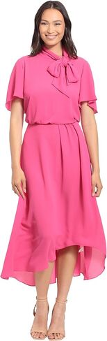 London Times Women's Flutter Sleeve Tie Neck Blouson High Low Midi Dress in Saudi Arabia