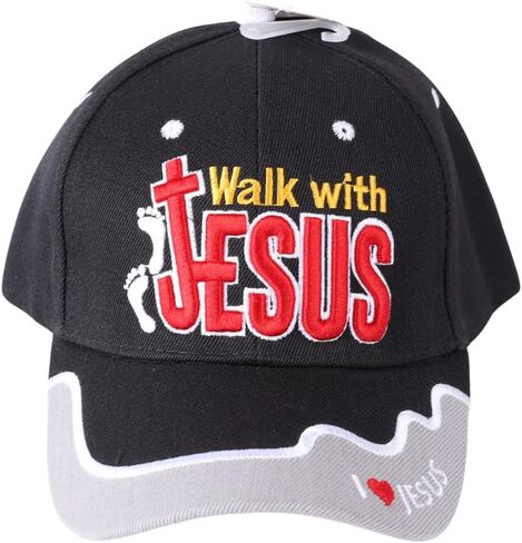 Walk with Jesus Black Canvas Cap with Embroidery | One Size Fits All | Hook & Loop Closure | 100% Polyester | Adjustable Band in Back | 6 Panel hat w/ 6 Eyelets in Saudi Arabia