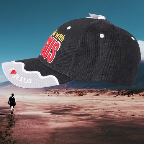 Walk with Jesus Black Canvas Cap with Embroidery | One Size Fits All | Hook & Loop Closure | 100% Polyester | Adjustable Band in Back | 6 Panel hat w/ 6 Eyelets in Kuwait