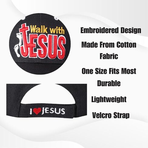 Walk with Jesus Black Canvas Cap with Embroidery | One Size Fits All | Hook & Loop Closure | 100% Polyester | Adjustable Band in Back | 6 Panel hat w/ 6 Eyelets in Kuwait