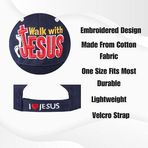 Walk with Jesus Black Canvas Cap with Embroidery | One Size Fits All | Hook & Loop Closure | 100% Polyester | Adjustable Band in Back | 6 Panel hat w/ 6 Eyelets in Kuwait