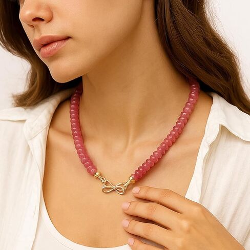 Ruby Beaded Gemstone Choker Necklace for Women, 14K Gold Bowknot Birthstone Beads Necklace, Handmade Natural Beads Jewelry (Ruby) in Kuwait
