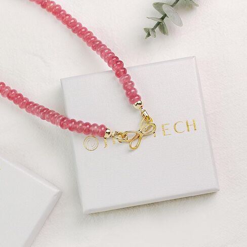 Ruby Beaded Gemstone Choker Necklace for Women, 14K Gold Bowknot Birthstone Beads Necklace, Handmade Natural Beads Jewelry (Ruby) in Kuwait