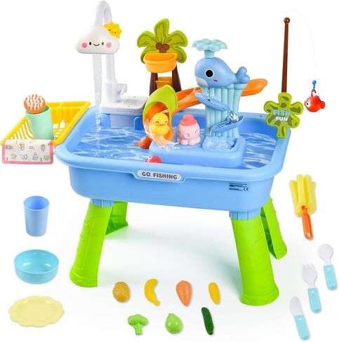 2026 Upgraded Toddler Sand Water Table Toy with Electric Water Pump, Kids Sand Water with Faucet/Play Food Accessories/Fishing Toy, Kitchen Play Sink Toys for Girl Boy Age 3+ (Pink) in Saudi Arabia