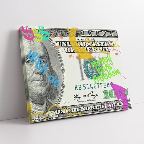 Monem Art Money Buys Freedom Canvas - Hundred Dollar Print - Modern Graffiti Art - Colorful Wall Design - Money & Freedom Art - Vibrant Living Room or Dorm Decor - Available in 8x10" to 30x40" in Kuwait
