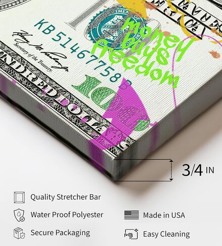 Monem Art Money Buys Freedom Canvas - Hundred Dollar Print - Modern Graffiti Art - Colorful Wall Design - Money & Freedom Art - Vibrant Living Room or Dorm Decor - Available in 8x10" to 30x40" in Kuwait