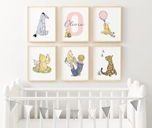 Personalized Winnie Nursery Name Print Set, Classic A.A. Milne Wall Art, Custom Baby Name Wall Decor, Pooh Bear Boy Girl Toddler Room Artwork, Prints Made Perfect, Unframed (11x14, Set Of 3) in Kuwait