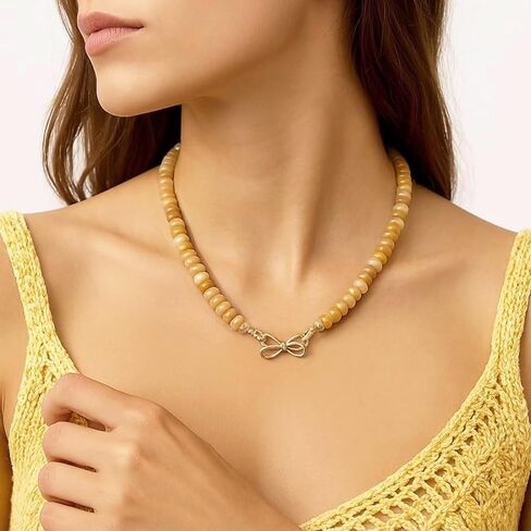 Ruby Beaded Gemstone Choker Necklace for Women, 14K Gold Bowknot Birthstone Beads Necklace, Handmade Natural Beads Jewelry (Ruby) in Kuwait