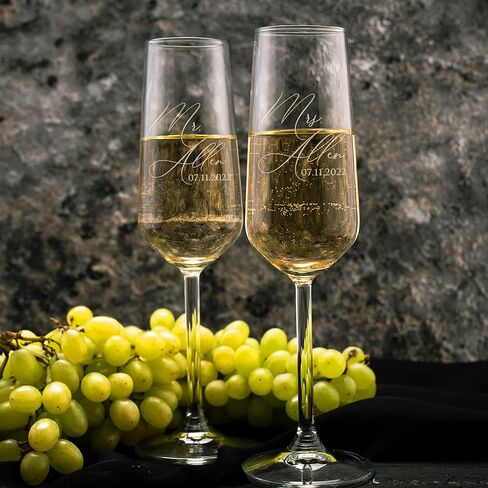 مزودات شمبانيا زفاف مخصصة للعروس والعريس - مجموعة من 2 ، 7 أوقية ، تصميمان - نظارات الشمبانيا للمشاركة مع أسماءك وتاريخك - D1 in Kuwait