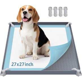 LOOBANI Dog Pee Pad Holder - Silicone Dog Potty Tray with 4 Clamps, High Edge Puppy Pad Holder Tray for Indoor Potty Training, Fits Up to 24" x 24" Training Pads, Gray