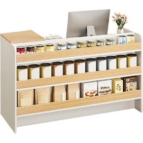 Modern Reception Desk Counter Table, Retail Counter Reception Table with Lockable Drawers, Retail Checkout Counter with Open Shelves