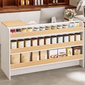 Modern Reception Desk, Front Counter with Lockable Drawer, White Retail Counter with Outer Display Rack, Checkout Receptionist Desk for Market, Office, Fruit Shop (39x21.6x35.4in)
