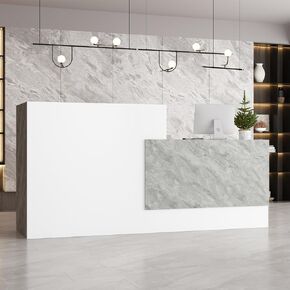 White Reception Desk with Counter, 86.6 inch Wide Front Desk Modern Reception Room Table, Checkout Counter Table, Salon Reception with Stone Pattern Decor