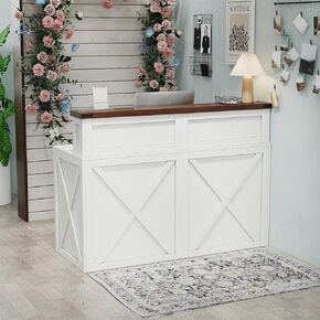 White Reception Desk with Open Storage Shelf for Office Reception Room, 47-Inch Large Retail Counter Farmhouse Wood Checkout Counter Table for Store Lobby Beauty Salon, White Bronw