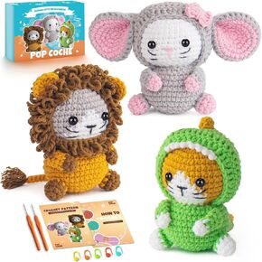 POP COCHE Crochet Kit for Beginner, Crochet Starter Kit for Adults, Cute Amigurumi Knitting Craft Kit Gifts for Girls Kids with Step-by-Step Video Tutorials, 40%+ Yarn (Grassland Cats)