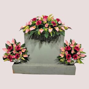 Realistic Artificial Cemetery Flowers - Silk Faux Floral Beauty Pink Rose and Calla Lily - Headstone Saddle - Bouquet Pair for Grave - 3 Memorial Decorations -