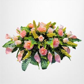 Headstone Flower Saddle - Realistic Silk Faux Floral Artificial Grave Flowers - Peach Roses and White Calla Lilies Cemetery Saddle for Headstone
