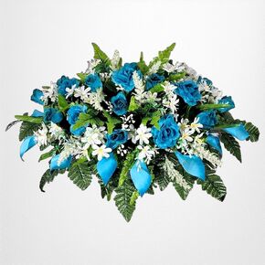 Headstone Saddle Cemetery Decoration - Realistic Silk Faux Floral Artificial Grave Flowers - Turquoise Teal Roses and Calla Lilies for Decorating