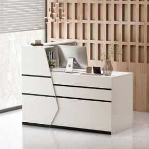 AIEGLE Large Reception Desk with Counter, Retail Counter with Private Lockable Storage & Adjustable Shelves, for Salon Reception Room Checkout Office, Natural and White (70.9" W)
