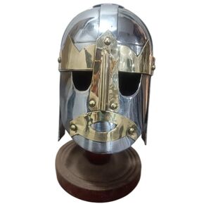 Mini Medieval Viking Helmet Replica – Steel and Brass Armor Display Model – Small Decorative Knight Helmet on Wooden Stand – Collectible Gift.