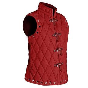 Medieval Cotton Padded Gambeson, Sleeveless, Red, for Reenactment, Authentic Style, Custom Vest (L)