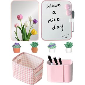 Pink Locker Accessories Kit for Girls with Locker Mirror, Pen Holder, Magnetic Whiteboard, Storage Basket, Magnets, 14 Piece Locker Organizer & Decor for School Work Locker, Back to School Essentials