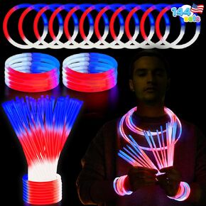 JOYIN 72 Pcs July 4th Glow Sticks Bulk with Connectors, Red White Blue 3 Colors In 1 Glow in The Dark Stick, Light Up Bracelets & Necklaces for Kids & Adults, Party Favor Supplies For Independence Day