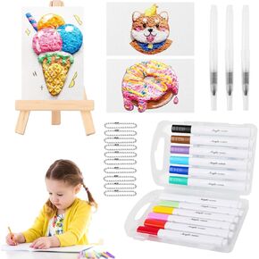 Magic Foam Texture Painting Kit, Magical 3D Effect Texture Painting Kit, Including 10 PCS Foam Texture Paper, 12 Colors Brush Tip Acrylic Paint Markers, Fountain Pen(L,M,S),10 Bead Chains, Mini Easel