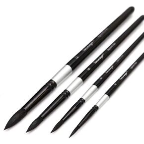 HBJWOV Professional 4Pcs Black Handle Round Brushes Set Squirrel Hair Art Painting Brushes for Artistic Watercolor Gouache Wash Mop