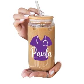 Personalized Iced Coffee Glass Cup - Lid and Glass Straw - 16 oz Tumbler - Custom Beer Can Glass - RN CNA Nurse Graduation Appreciation Gift