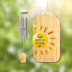 Yaya Windchime - Personalized Windchime with up to 10 names - 24" Alluminum Polls with Custom Wood Chime - Mother's Day Gift for Grandma, Nana, Gigi, Mom and more.