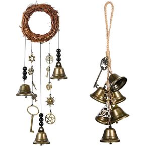 Witch Bells for Door Knob for Protection,Home Decor Gift with Half Moon Wreath, Wicca Supplies with Witches Runes Witchcraft Crystal to Block Negative Energy ，With Crystal Bells (Combination C) in Saudi Arabia