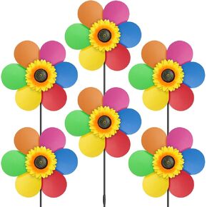 6PCS Sunflower Wind Spinners with Stakes 14" W x 29" H Wind Spinners Lawn Pinwheel Rainbow Windmill Outdoor Pinwheels for Yard Decoration（Multicolor）