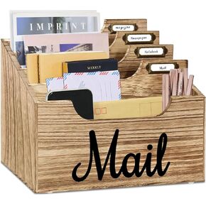 Rustic Mail Organizer Letter Sorter for Counter, Mail Holder Desktop File Holder, Countertop Desk Office Accessories for File Letter Paper Folder, White Wooden Desk Organizer