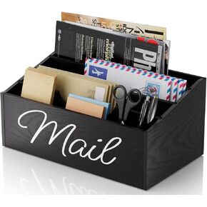 Wooden Mail Organizer Countertop Mail Holder for Desk with 4 Slots,Rustic Mail Basket for Counter with Anti-Slip Pad Mail Sorter Letter Holder Box for Desk Home Office（Black）
