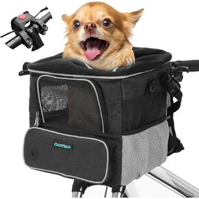 Dog Bike Basket for Small Dogs up to 10lbs, Foldable Pet Carrier with Safety Leash, Mesh Windows, Storage Pockets, Handlebar Quick Release, Backpack & Car Seat Function Grey