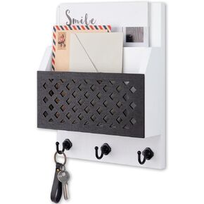 Nekon Mail Organizer with Key Holder – 8.8" x 11.4" Wall Mounted Wooden Mail Sorter with 3 Hooks - Hanging Mail and Key Organizer for Wall Decor (Black)