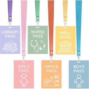 6 Sets Hall Pass Lanyards and School Passes Set - Unbreakable Wooden Hall Passes for Classrooms, Classroom Passes for Bathroom, Hall, Library, Office and Nurse School Classroom Supplies Teacher Gifts