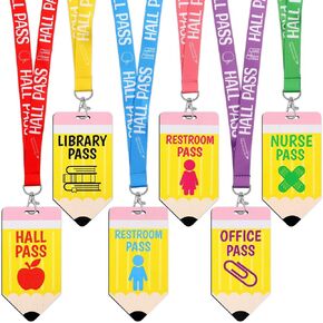 6 Sets Hall Pass Lanyards and School Passes Set Classroom Wooden Passes for Hall Office Library Nurse Restroom Teacher Gift