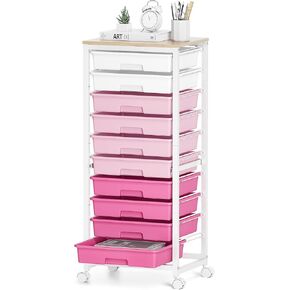 Rolling Cart with Drawers,10 Drawer Rolling Cart,Storage Cart with Wheels,Utility Cart with Drawers,Teacher Cart for Classroom Storage,Craft Cart with Wheels and Wooden Tabletop,White